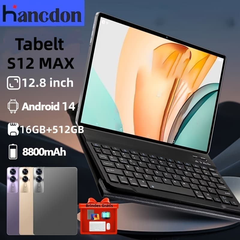 Tablet PC Hancdon  S12 MAX - 12.8” Android 14 16GB+512GB Câmera 48MP+24MP Frontal Processador MTK6799 Wi-Fi/Bluetooth