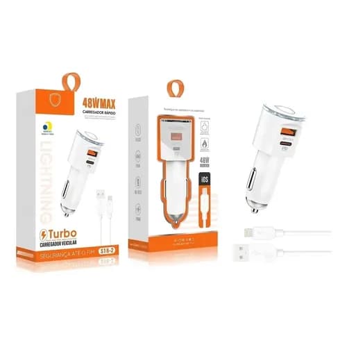 Carregador Veicular Turbo H'maston S18-2 48W com Cabo Lightning, Saída Tipo-C e USB