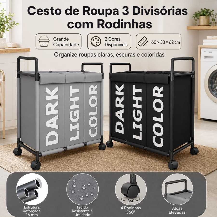 Cesto Organizador de Roupas 3 Compartimentos com Rodinhas 60x33x62cm para Banheiro e Lavanderia