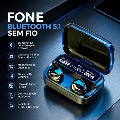 Fone M10 Bluetooth 5.1 Fones de ouvido sem fio TWS estéreo com carregador Power Bank
