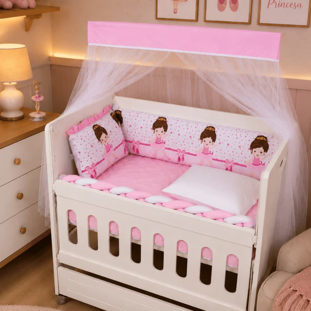 Kit Mini Berço Bebê Menino Menina Completo 10 Peças com Trança e Mosquiteiro Protetor Enxoval