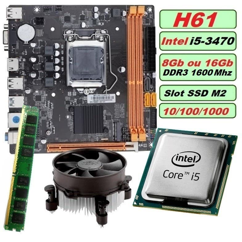 Kit UPGrade i5-3470 Memória 8GB ou 16GB DDR3 Placa Mãe H61 Slot SSD M2 gamer lga 1155 atx