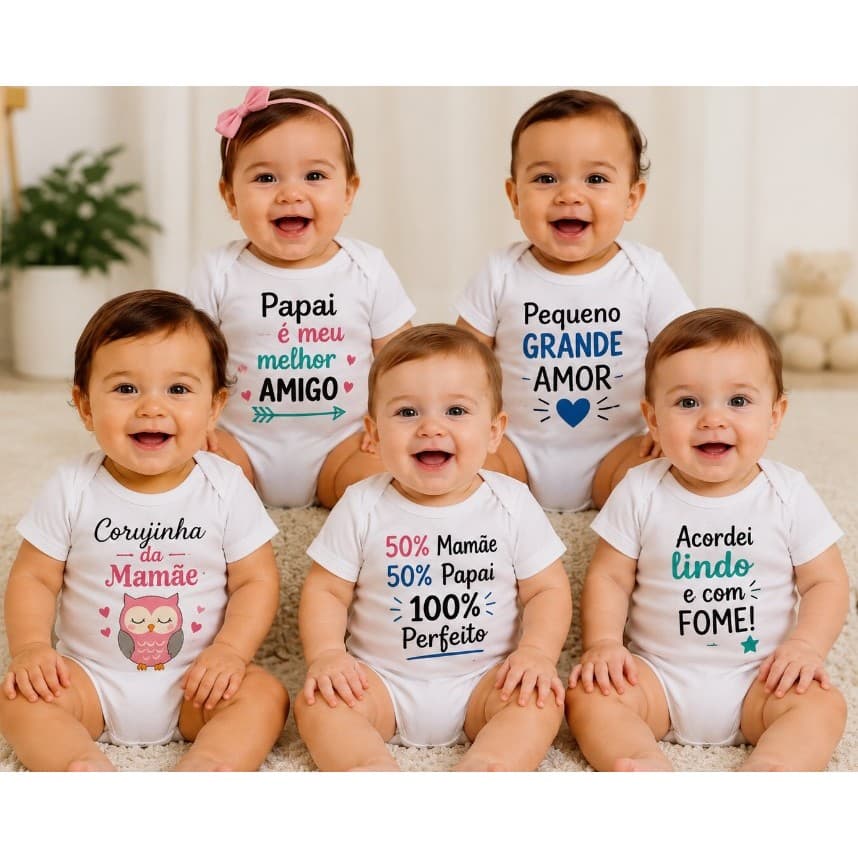 Kit 5 Bodies Bebê Sortidos Menino Menina Temas Variados enxoval