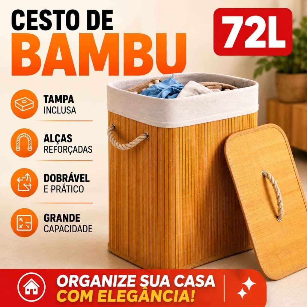Cesto de Roupa Suja Grande em Bambu 72L Forrado com Tampa e Alças Reforçadas Organizador de Banheiro