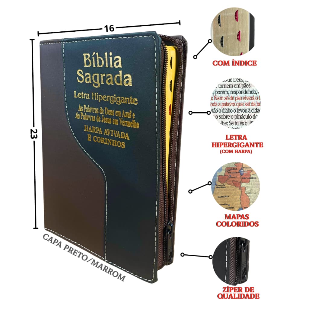 BÍBLIA SAGRADA LETRA HIPER GIGANTE HARPA CRISTÃ EVANGELICA ZÍPER ÍNDICE PALAVRAS JESUS VERMELHO PJV