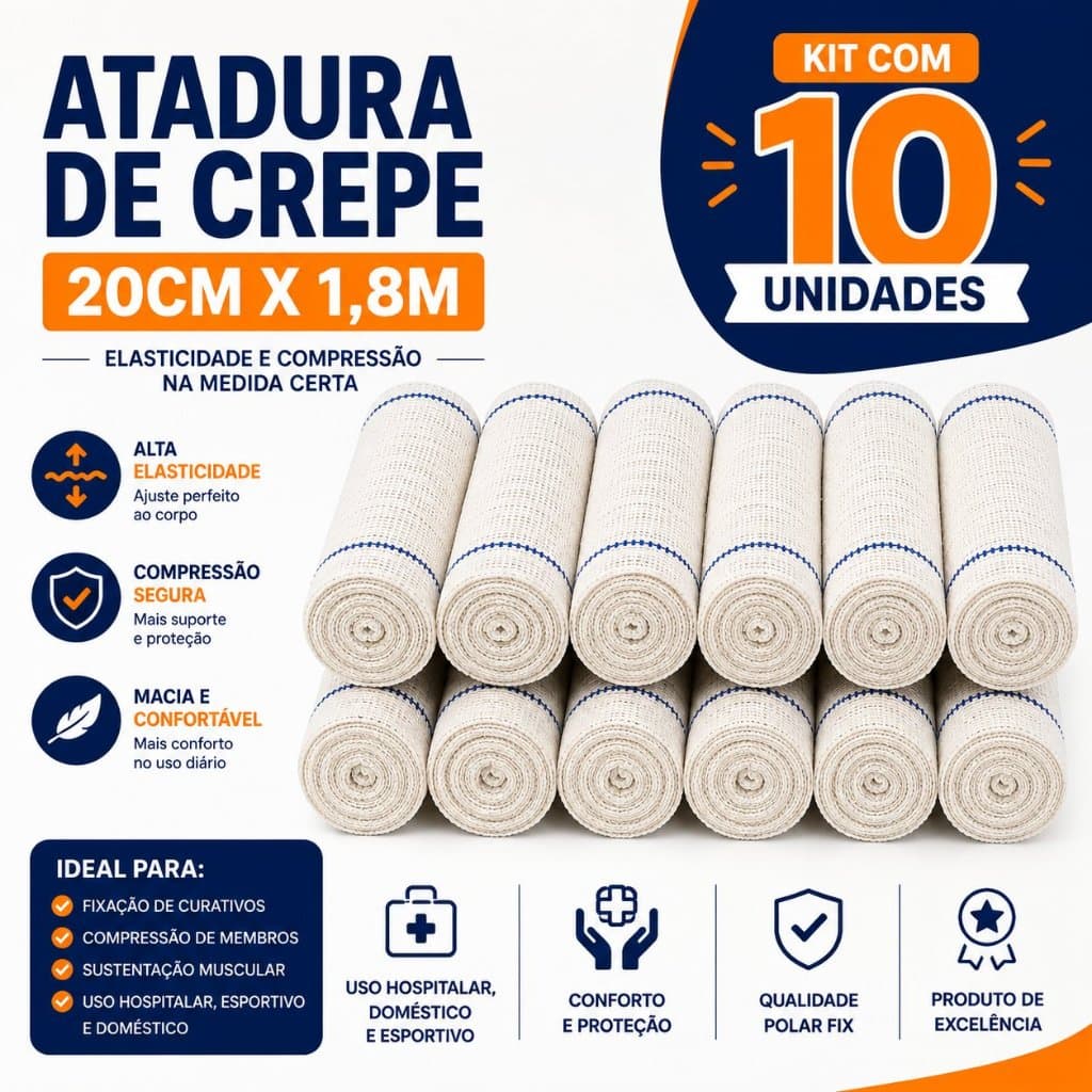 Kit 10 Ataduras de Crepe Polar Fix 20cm x 1,8m Compressão Curativo Ortopédico Primeiros Socorros