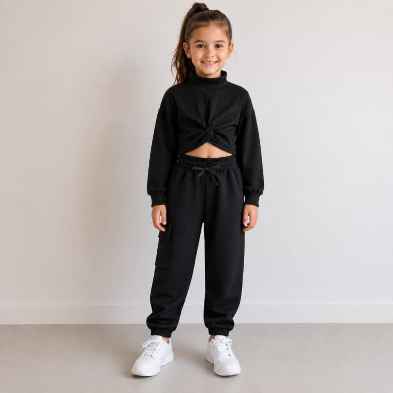 Conjunto Feminino Blusa Canelada com Nó Frontal + Calça Jogger em Moletom – Tamanhos 4, 6 e 8 anos