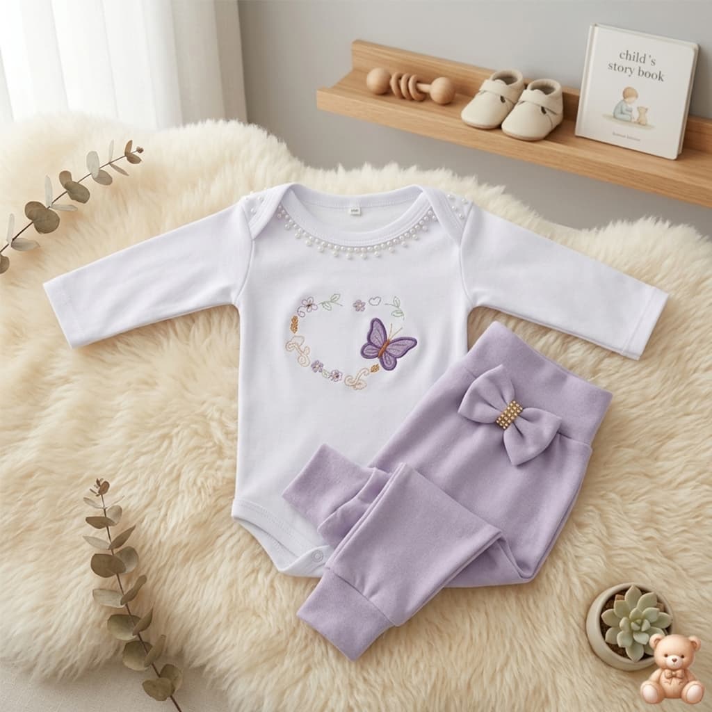 Conjunto Bebê Menina Bordado Body Manga Longa com Calça e Laço Gomes Baby