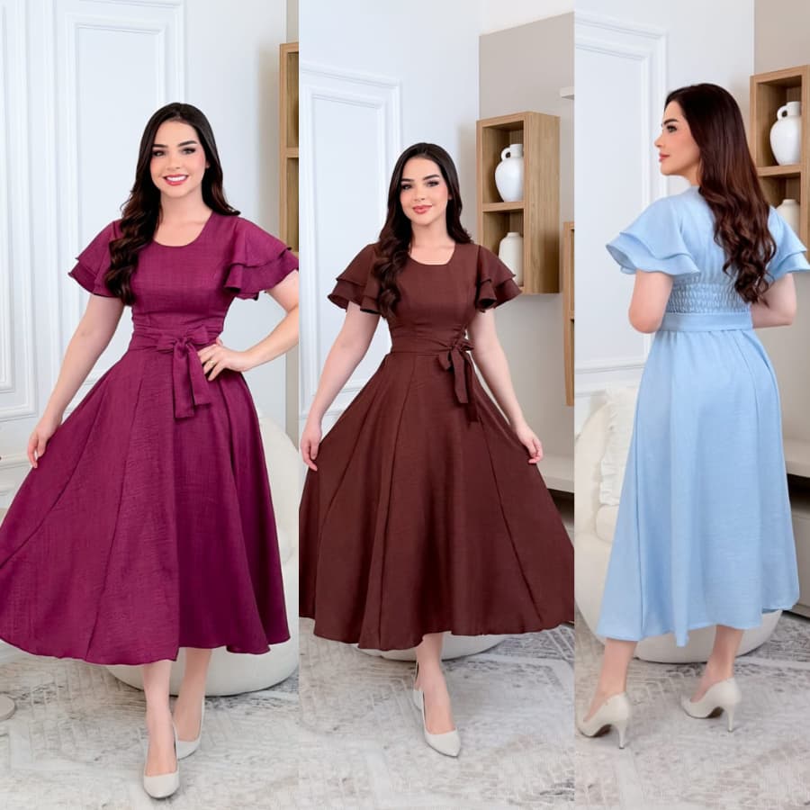 Vestido Midi Feminino Elegante Manga Curta Babado  Rodado para Festa e Eventos moda cristiana.