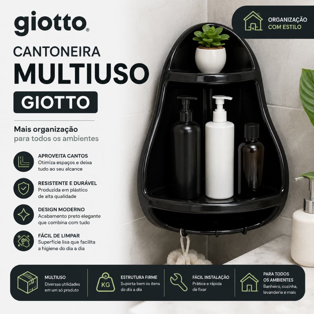 Cantoneira Multiuso Preto Organizador de Banheiro Cozinha e Lavanderia Limpeza Moderno Giotto