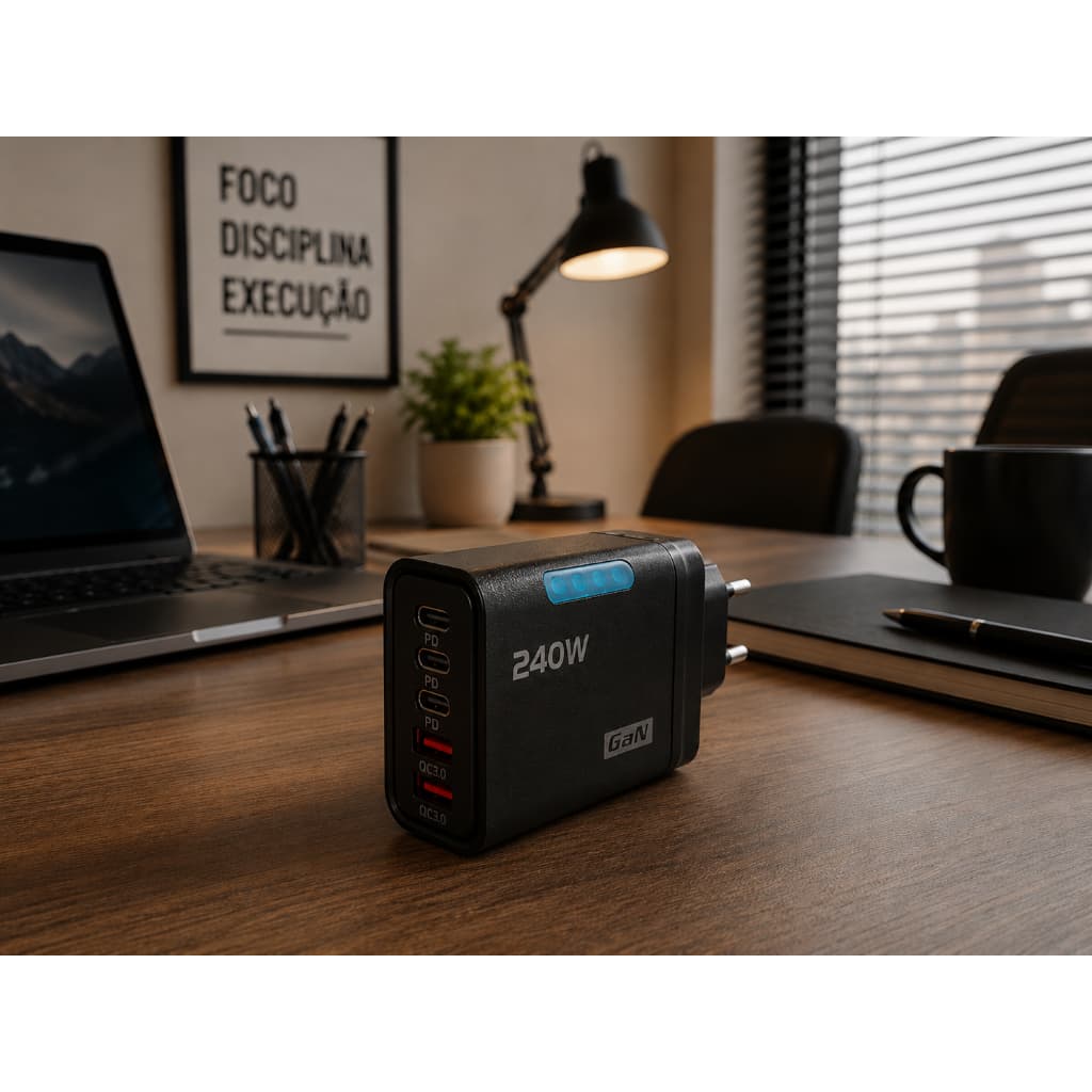 Carregador 240W GaN 5 Portas USB-C + USB | Carga Rápida para Notebook, Celular e Tablet