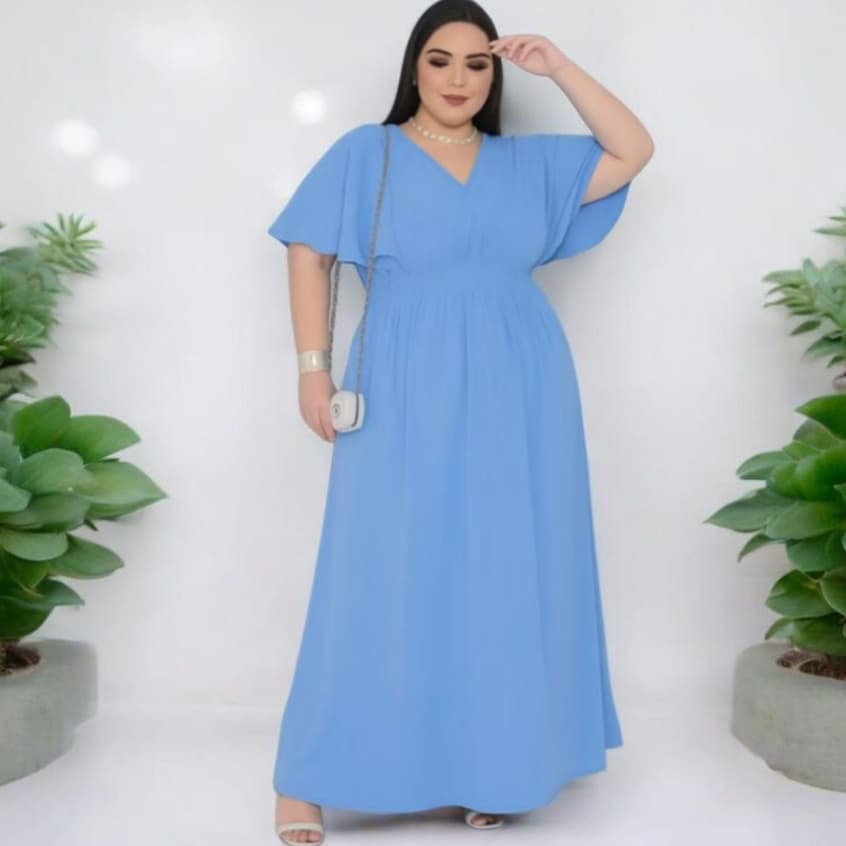 Vestido Feminino ESTOILO MORCEGO. Plus Size longo feito em TECIDO DUNA possui elastex na cintura.  PREMIUM