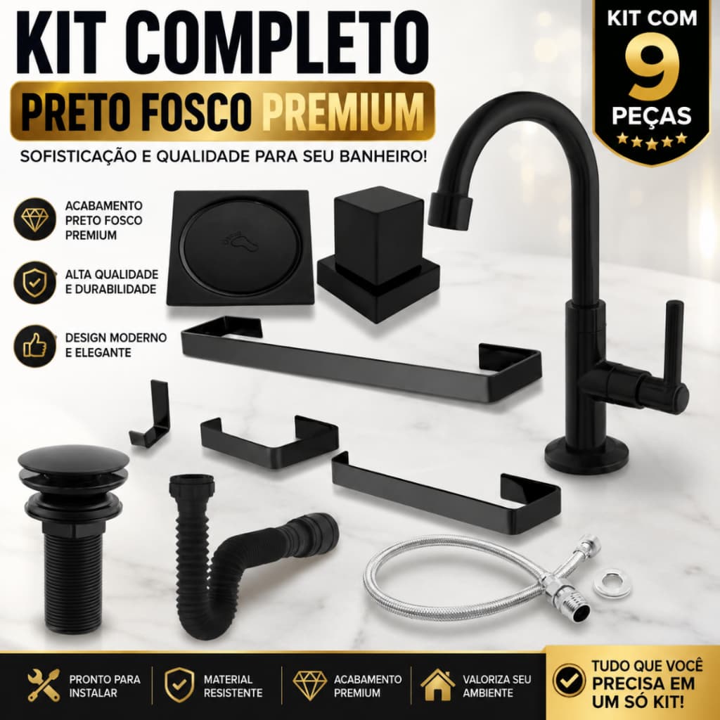 Kit Acessórios De Banheiro Preto+Torneira Lavatorio+Ralo e Valvula Click+ Sifao+Engate 40cm+Acabamento Registro