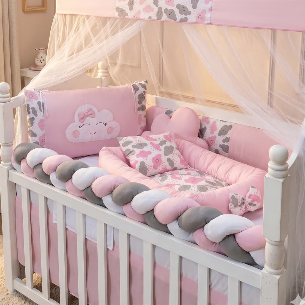 Kit Berço Completo Menina Rosa 15 Peças com Ninho Redutor Rosa Enxoval Bebê