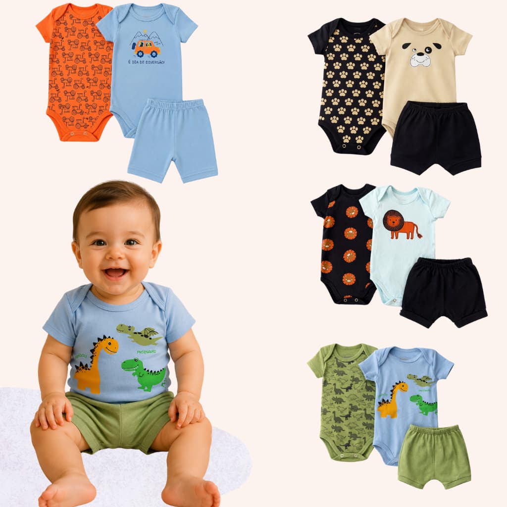 Kit 9 Peças Roupa de Bebê Menino e Menina Verão Body Bebê Manga Curta e Shorts Verão Roupa Algodão