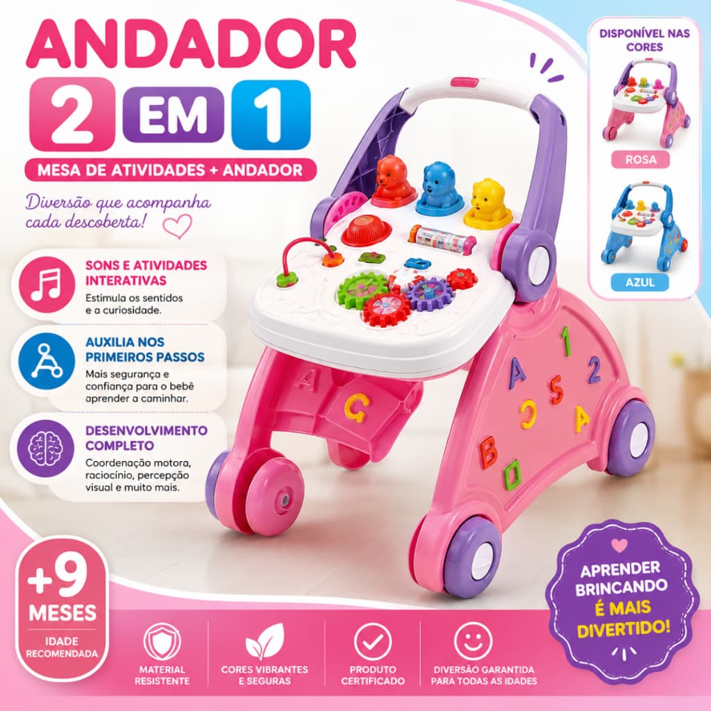 Andador Didático De Bebê Com Mesa E Som Atividades Infantil Escolha Rosa E Azul POLIPLAC
