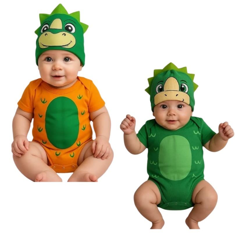 Body Bebê Dinossauro com Touca Fantasia Infantil Menino Menina Roupa Divertida fantasia merversario