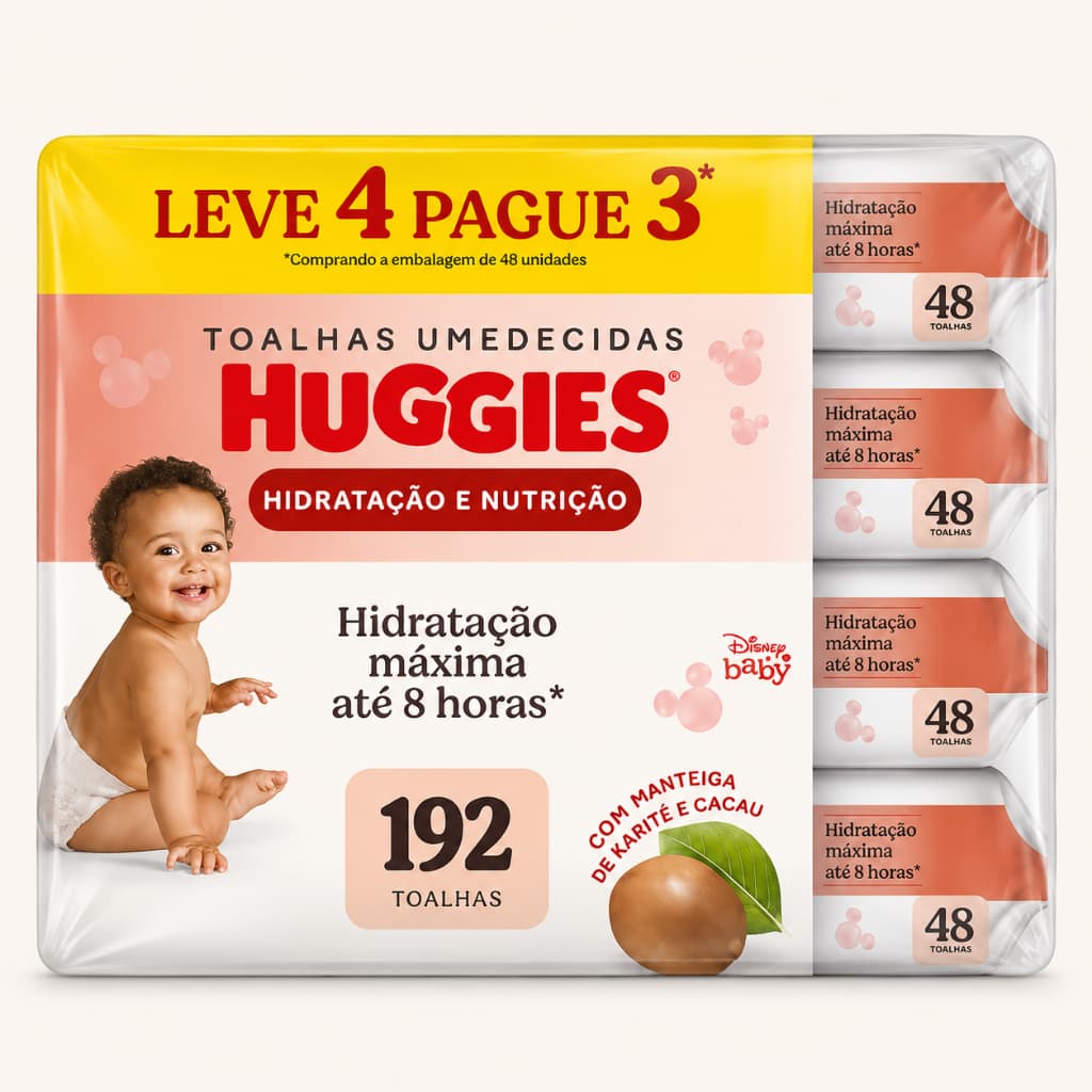 Kit Lenços Umedecidos Huggies Hidratação e Nutrição 192 Lenços (4 Pacotes com 48 Unidades)