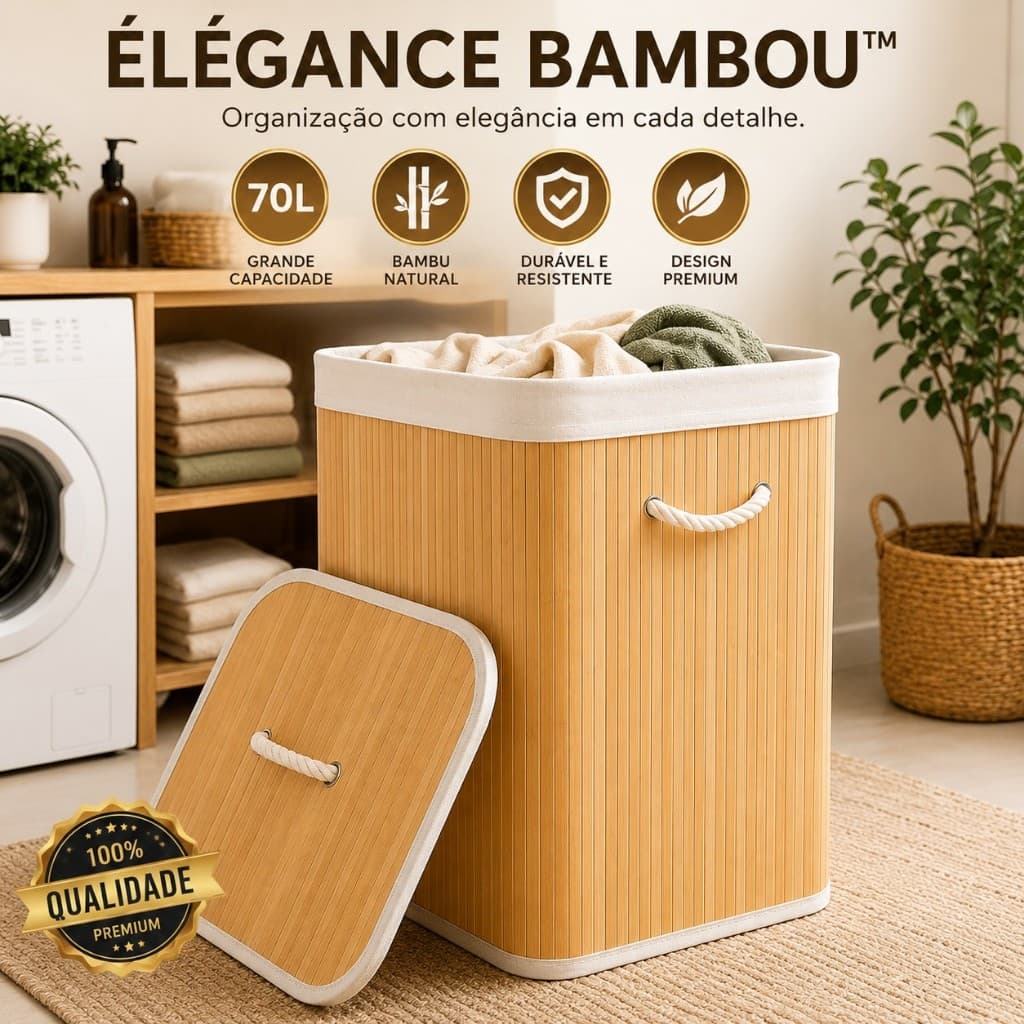 Cesto de Roupas Suja Dobrável Organizador Forrado 70L Bambu: Grande Cesto Retangular Quarto, Banheiro