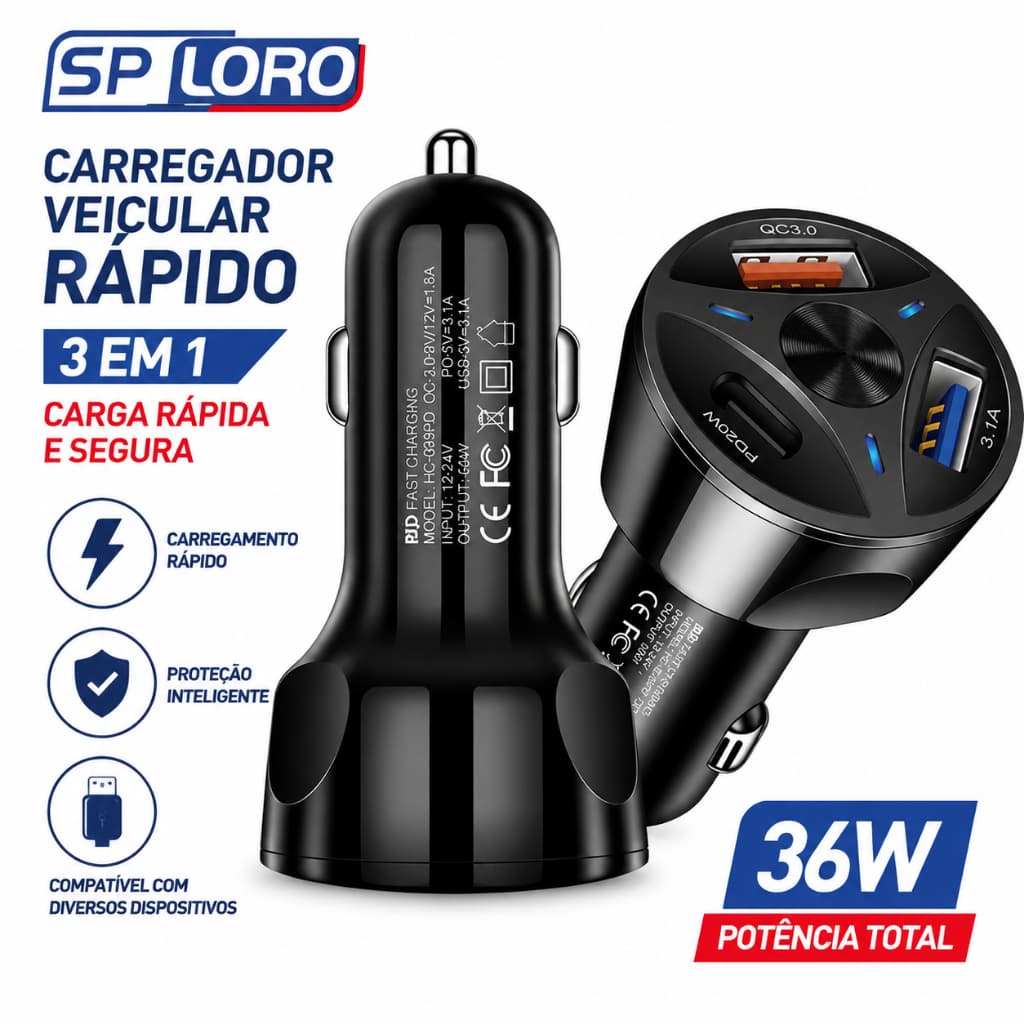 Carregador Veicular Universal Turbo com 3 USB e 1 Porta QC3.0, Carregamento Rápido para Celulares 006