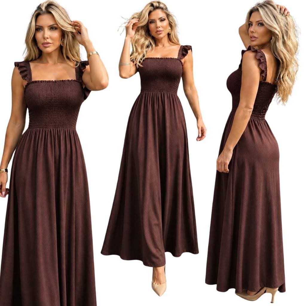 Vestido Longo Liso com Alças Babado Viscolinho com Forro e Elástico na Cintura Elegante Festa Trabalho Moda Tendência