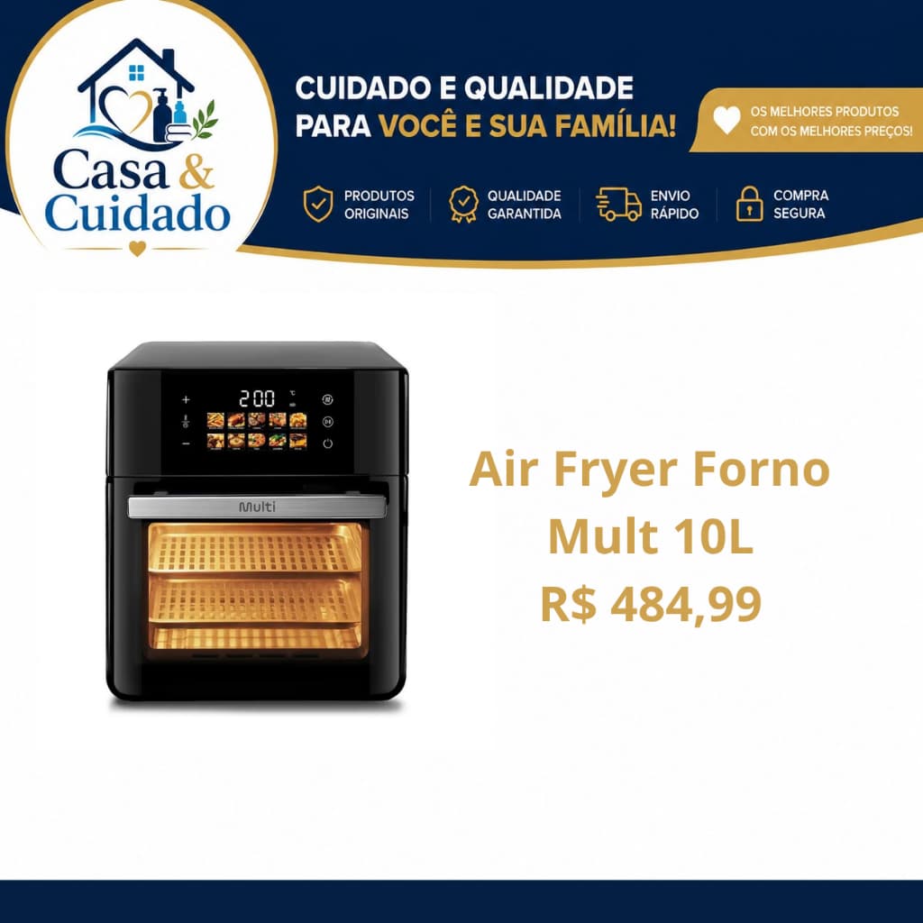 Fritadeira Air Fryer Forno 10L Multi Touch Elétrica Sem Óleo 220V Visor Vidro Completa Com Acessórios