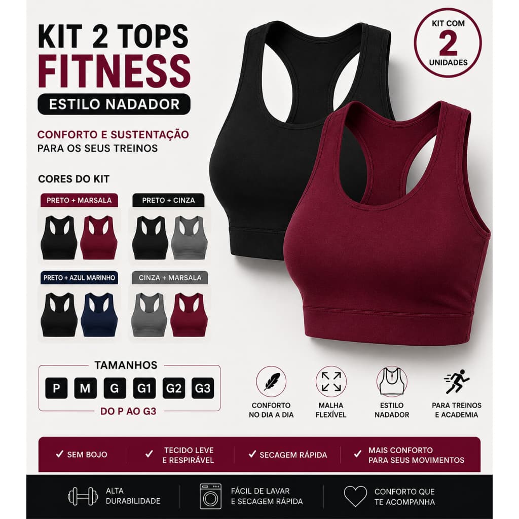 KIT 2 Ou 3 Top Nadador Suplex Liso Academia Fitness Menor Preço Roupas Femininas