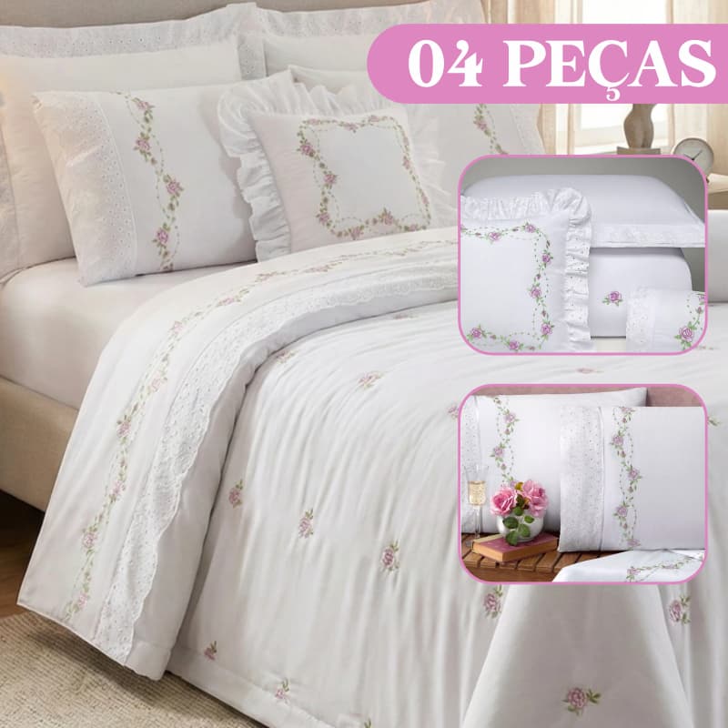 Jogo de Lençol 04 Peças Percal 180 Fios 100% Algodão Luxo Moderno Bouquet Solteiro, Casal, Queen e King