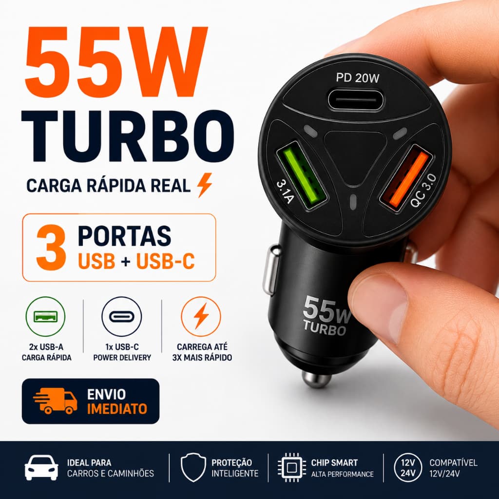 Carregador Veicular 55W Turbo 3 Portas USB + USB-C Carga Rápida iPhone Android