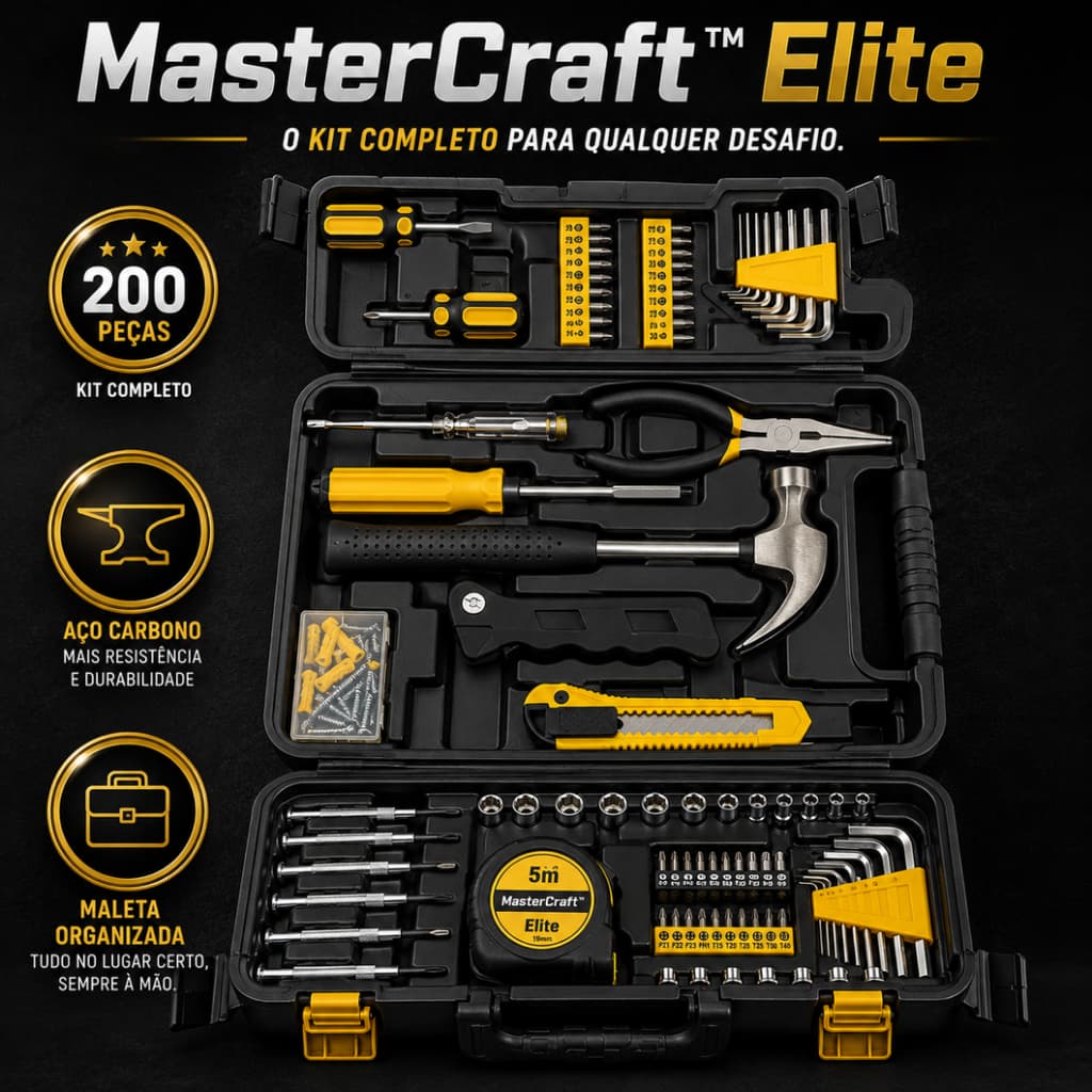 Maleta de Ferramentas MasterCraft™ 200 Peças Profissional Kit Completo Aço Carbono Uso Doméstico Automotivo Oficina Elit