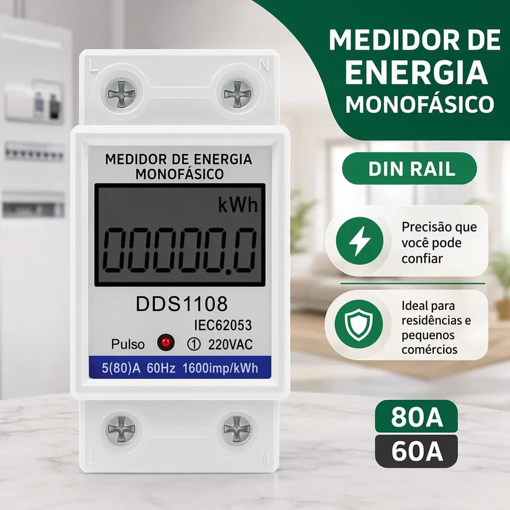 Medidor de Energia Monofásico 60A/80A - Digital LCD 220V para Controle de Consumo kWh