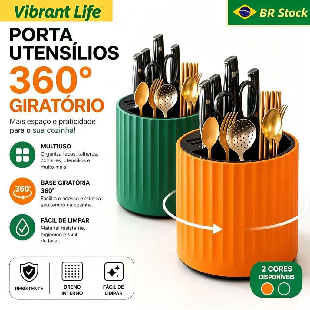 Porta Utensílios de Cozinha Giratório 360° Organizador de Talheres Facas Garfos Colheres Suporte Multiuso