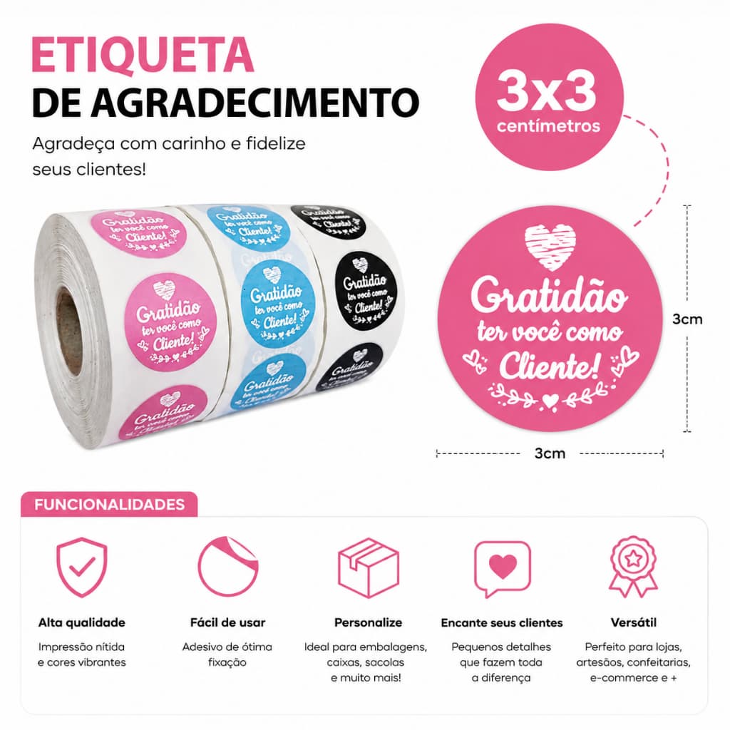 Etiqueta Adesiva Gratidão Ter Você Como Cliente 3x3cm Lacre Embalagem Sacola Caixa