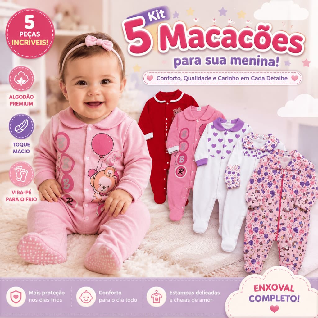 Kit 5 Macacões Bebê Menina Algodão Vira Pé Inverno Estampado Macio Confortável Enxoval