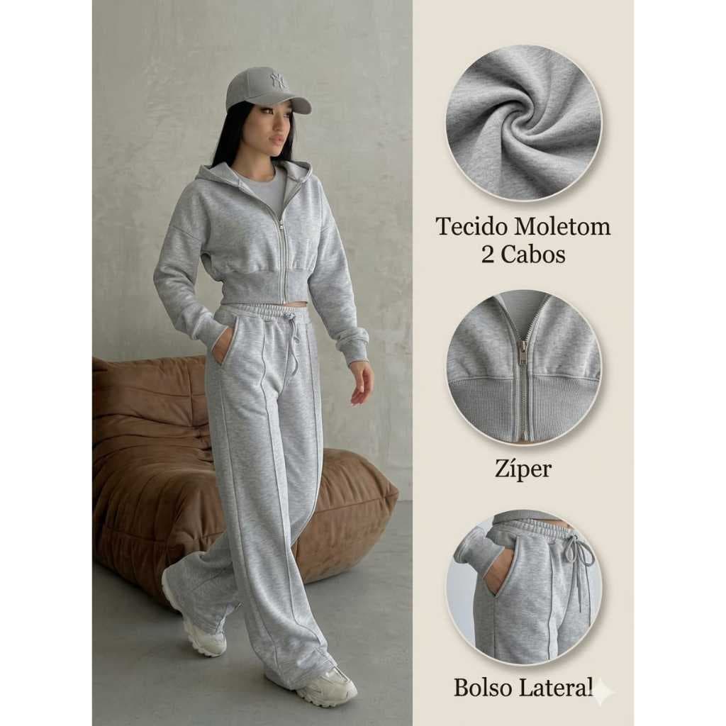 Conjunto Moletom feminino Blusa capuz/zíper e calça detalhes de costura com seixo Moda inverno
