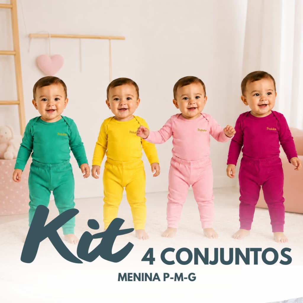 Kit Conjunto 8 Peças de Roupas para Bebê Menina (4 Body Longo + 4 Calça) Roupa Infantil Bebê