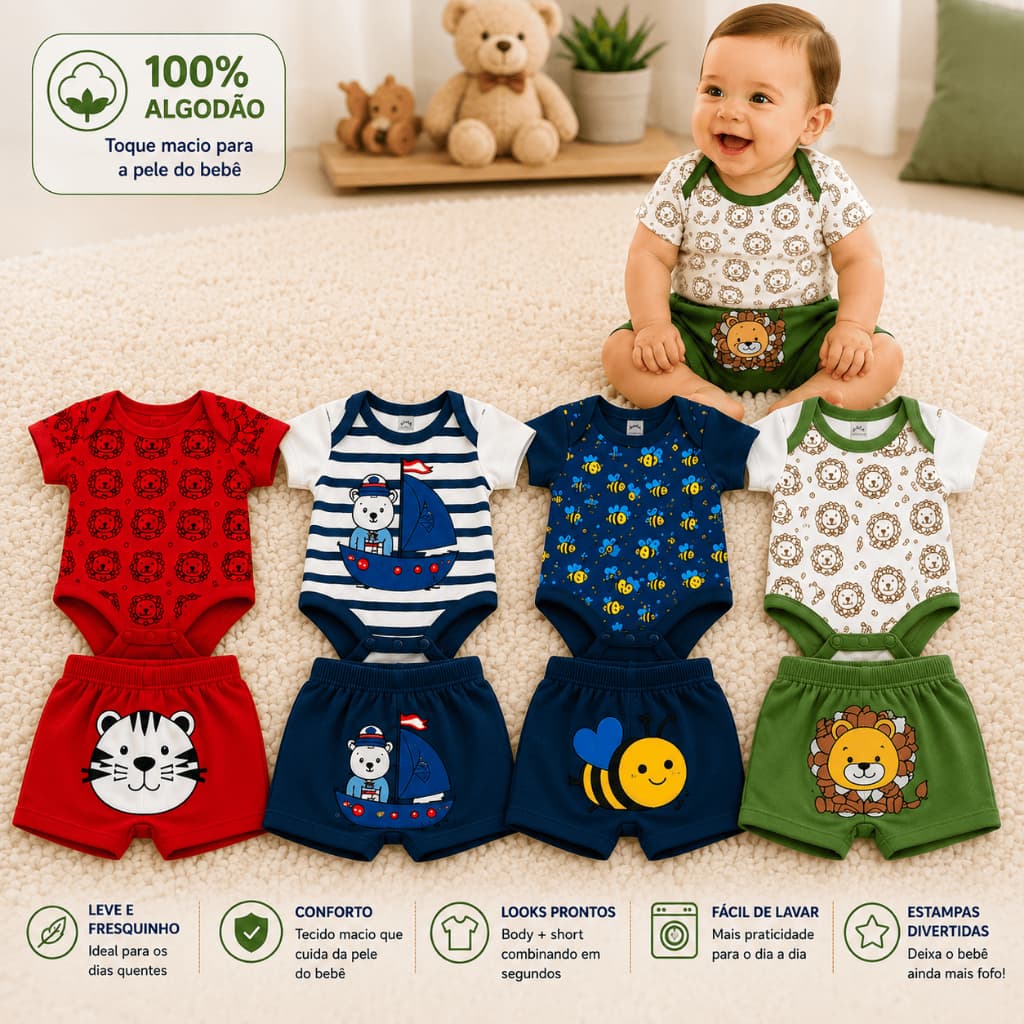 Kit Enxoval 6 Peças Body Bebê Infantil Menino Animado Estampado Bodie Short Mijão