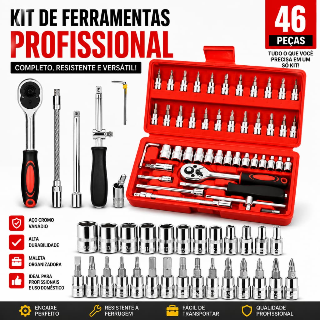 Kit 46 Peças Chave Catraca Jogo Soquetes Allen Torx Ferramentas Profissional Completo Nexora