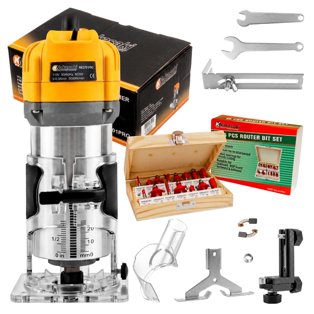 Kit Tupia Manual Laminadora 600w Coletor de Pó + Jogo De Fresas 6mm 15 Peças Com Estojo De Madeira