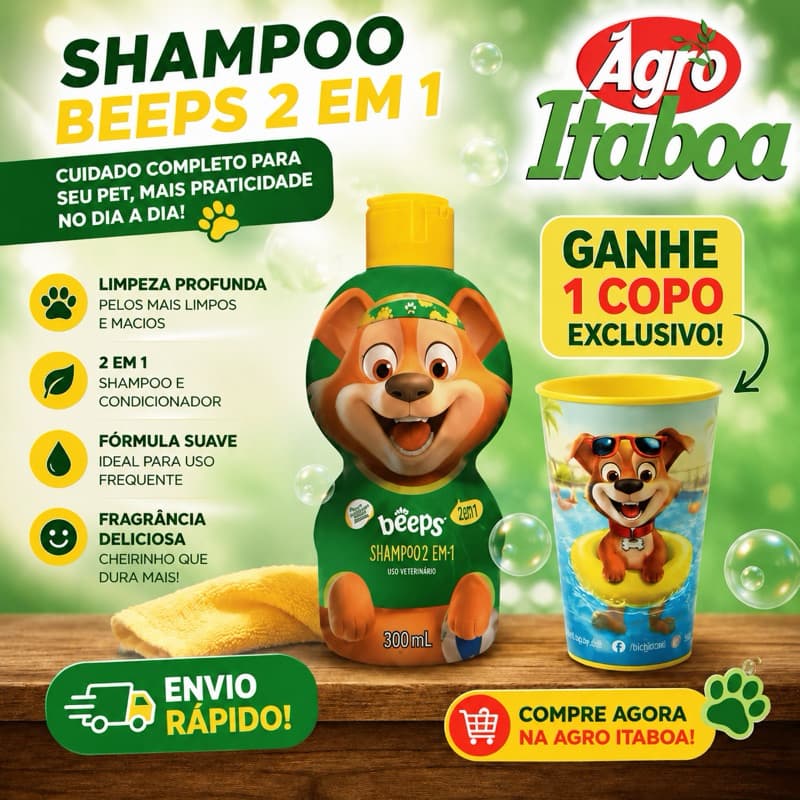 Shampoo Beeps 2 em 1 Shampoo e Condicionador 300ml + Copo Beeps Shampoo para Cão e Gato Pet Society