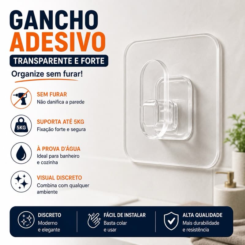 Gancho Adesivo Parede Sem Furo Fixação Forte Multiuso Banheiro Cozinha Transparente
