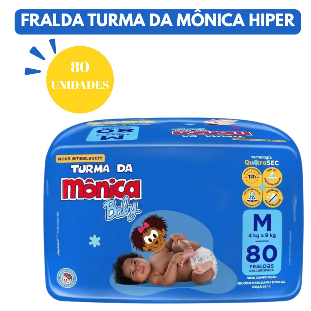 Fralda Turma da Mônica BAG Hiper Pacotão Tamanho M - 80 Unidades
