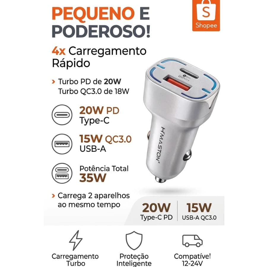 Carregador Veicular Turbo 35W 12Volts  H'Maston L12-4 USB QC3.0 + TIPO-C PD Carregamento Rápido