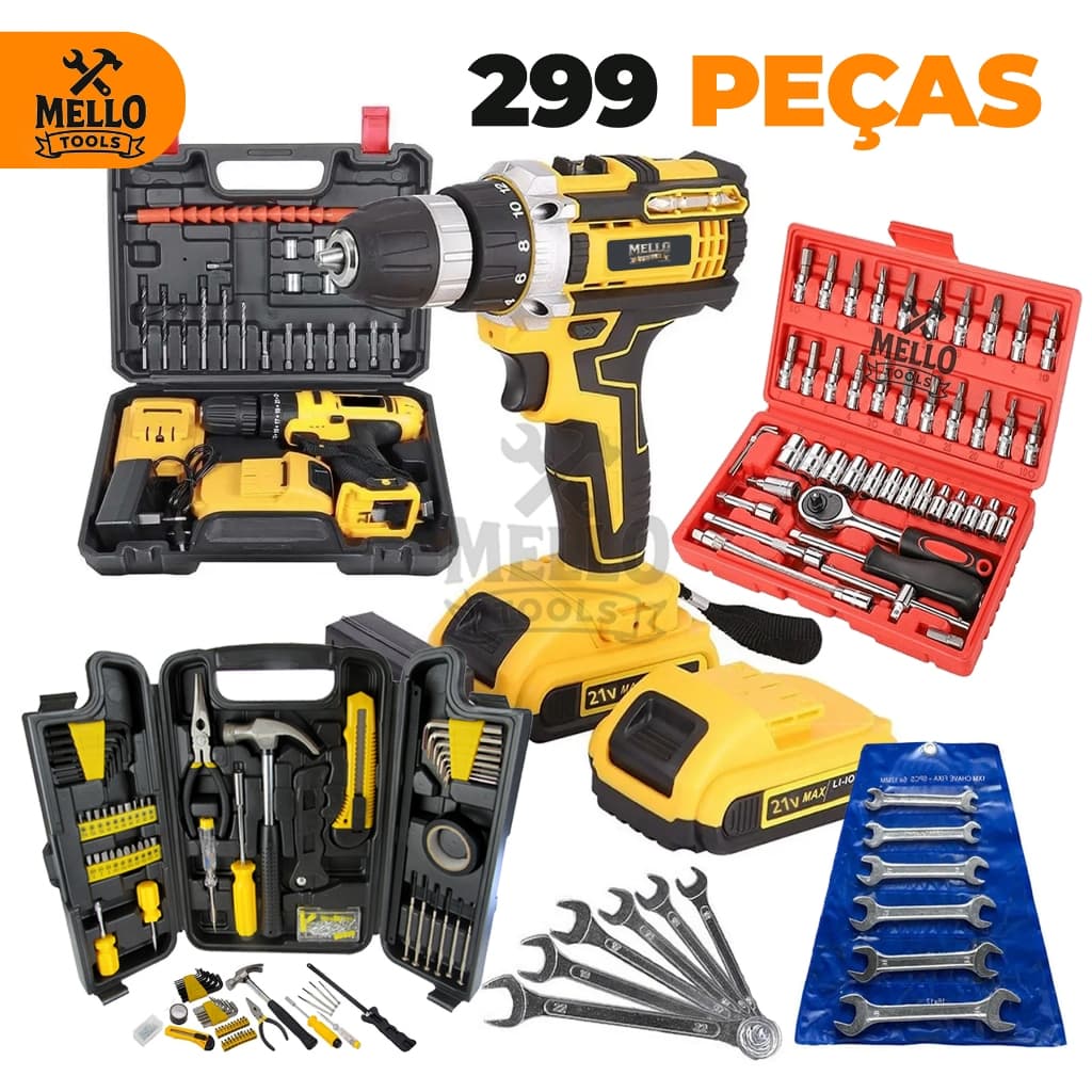 Kit Jogo Ferramentas 299 Peças com Parafusadeira/Furadeira 21V Sem Fio + Jogo de Soquete e Jogo de chave Fixa