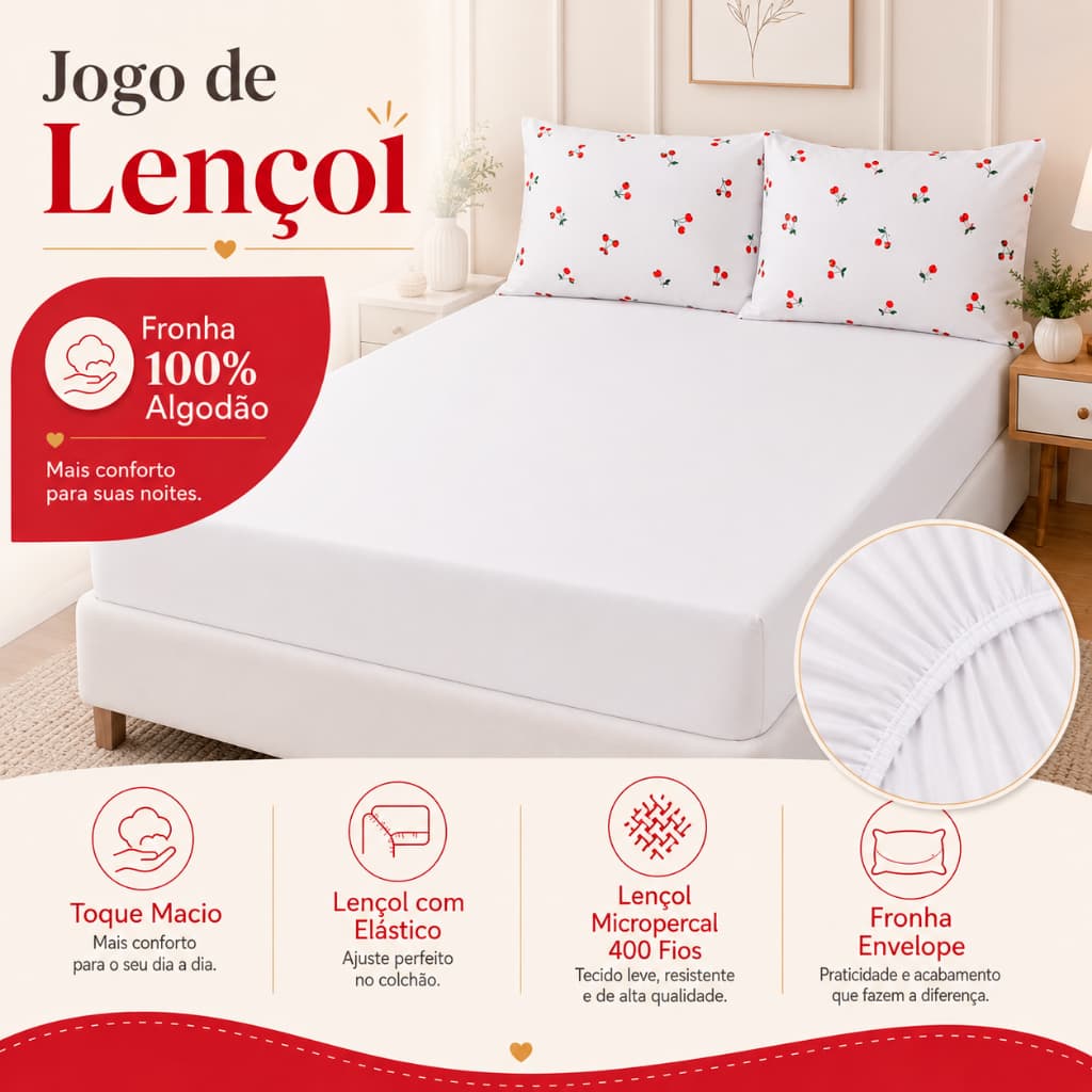 Jogo Lençol Fronha Percal 100% Algodão 03 e 02 Peças Casal Queen Solteiro Com Elástico
