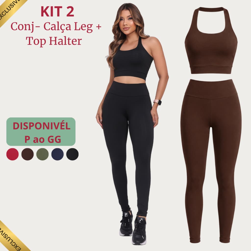 Kit 2 Conjunto Fitness Calça Legging + Top Halter Costas Nuas Zero Transparência Supléx Academia Moda Blogueira