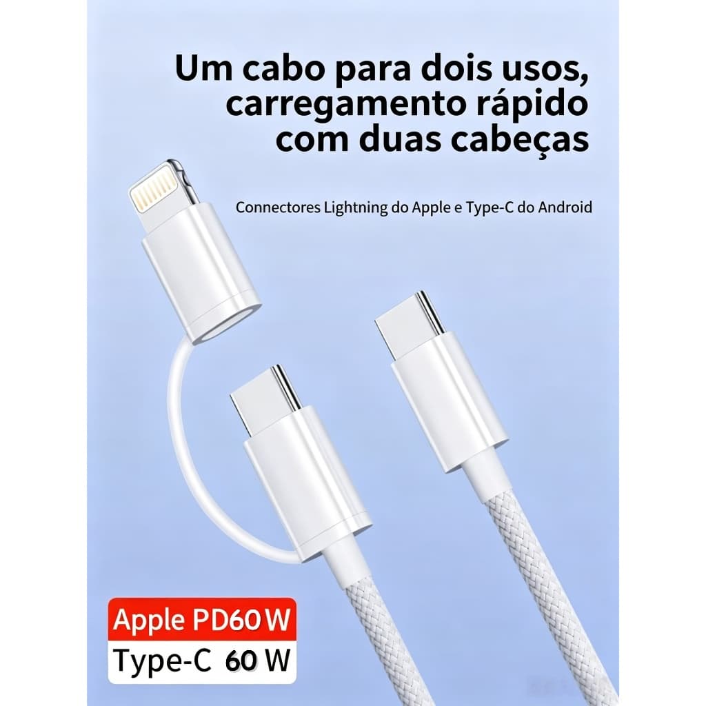 Cabo Carregador Duplo 2 em 1 PD Rápido 60W Lightning + Type-C para iPhone XR até 17 Pro Max e Celulares Android