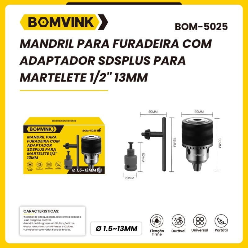 Mandril 1/2" 13mm com Adaptador SDS Plus para Martelete | Furadeira e Parafusadeira ou Sem