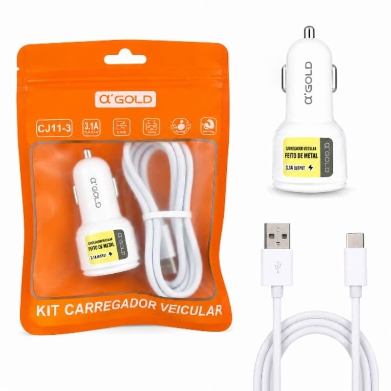 Carregador Veicular AGold CJ11-3 3.1A + Cabo USB Tipo-C – 2 Entradas USB
