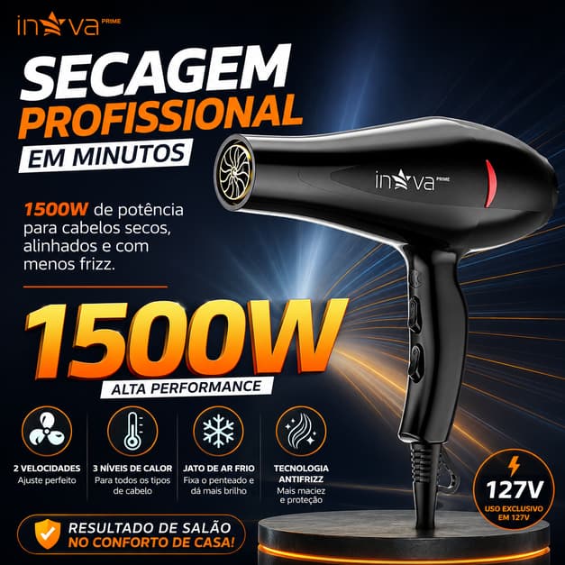 Secador de Cabelo Profissional 3000W Kapbom 110V Motor AC Jato Frio KA-0922 Premium